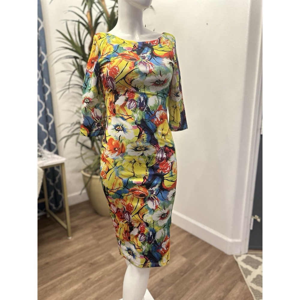 NWT Catwalk Studia Bold Watercolor Bodycon Dress Women M/L/8 Midi Floral Stretch
